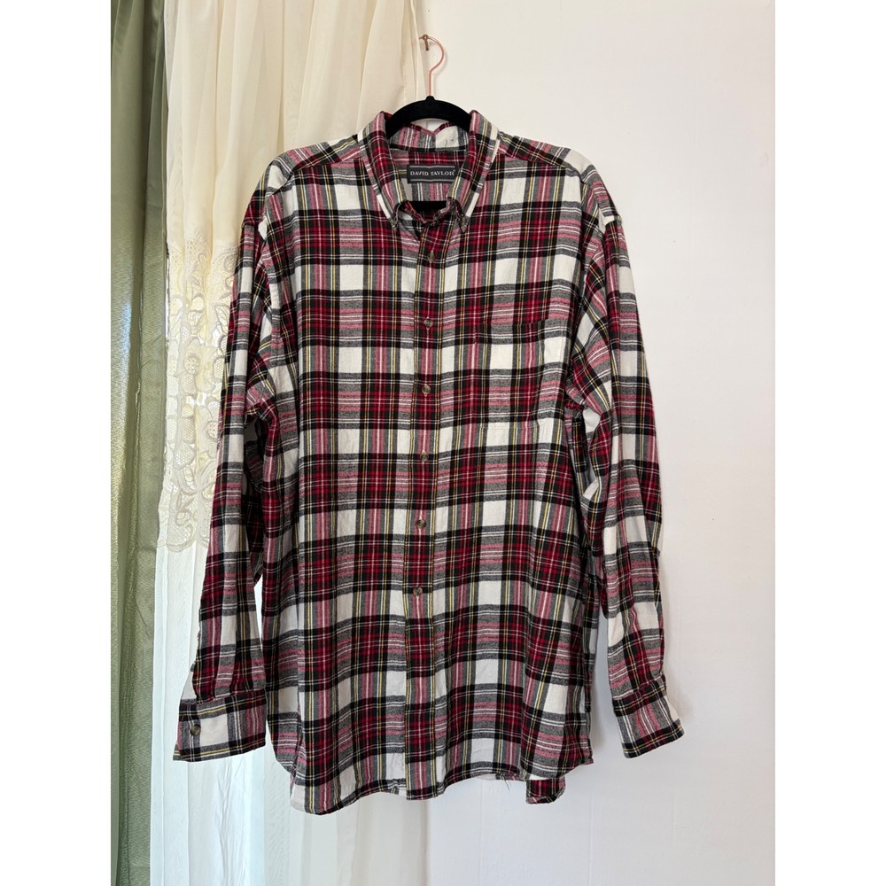 David Taylor Flannel Shirt Mens XL Red White Black Excellent Plaid Button Down